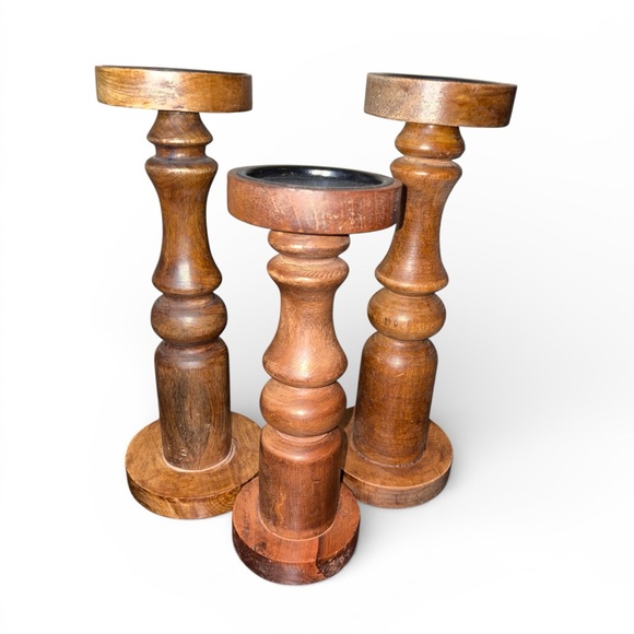 Other - Set of 3 Wooden Pillar Candle Holders Decorative Brown Natural Finish decor